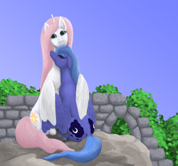 Size: 1116x1044 | Tagged: safe, artist:soobel, princess celestia, princess luna, alicorn, pony, fanfic:sunny skies all day long, both cutie marks, fanfic, fanfic art, floppy ears, hug, lunar lullaby, pink-mane celestia, queen solaria, royal sisters, s1 luna, winghug