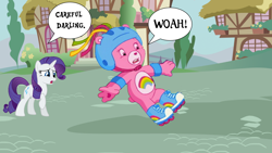 Size: 1366x768 | Tagged: safe, rarity, pony, unicorn, care bears, care bears adventures of care a lot, cheer bear, darling, female, mare, ponyville, roller skates, slipping, tabitha st. germain, voice actor joke