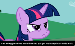 Size: 1600x973 | Tagged: safe, derpibooru import, screencap, twilight sparkle, pony, unicorn, angry, caption, cs captions, egghead, female, mare, solo, threat