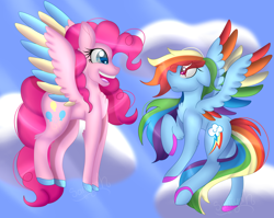 Size: 4900x3900 | Tagged: safe, artist:tomboygirl45, derpibooru import, pinkie pie, rainbow dash, pegasus, pony, absurd resolution, cloud, colored wings, multicolored wings, pegasus pinkie pie, race swap, wings