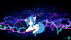 Size: 2732x1536 | Tagged: safe, artist:jamesg2498, artist:shelmo69, artist:sorenbrian, derpibooru import, dj pon-3, vinyl scratch, pony, unicorn, abstract background, cutie mark, electricity, female, hooves, horn, lying down, mare, red eyes, smiling, solo, vector, wallpaper, watermark