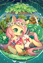 Size: 825x1200 | Tagged: safe, artist:huaineko, fluttershy, pegasus, pony, rabbit, blushing, clothes, female, floral head wreath, flower, leaf, looking at each other, mare, pixiv, smiling, solo, water