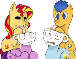 Size: 1024x791 | Tagged: safe, artist:mshadowstar, flash sentry, sunset shimmer, twilight sparkle, twilight sparkle (alicorn), oc, oc:harmony star, alicorn, alicorn oc, canon x oc, cuphead, simple background, transparent background, wat