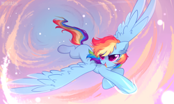 Size: 2581x1549 | Tagged: safe, artist:mirtash, derpibooru import, rainbow dash, pegasus, pony, cloud, cute, dashabetes, ear fluff, female, flying, mare, missing cutie mark, sky, solo, spread wings, wings