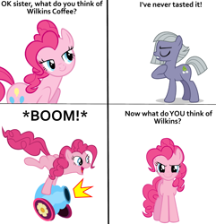 Size: 1000x1039 | Tagged: safe, limestone pie, pinkie pie, earth pony, pony, comic, commercial, implied death, party cannon, wilkins, wilkins coffee