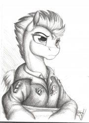 Size: 1757x2427 | Tagged: safe, artist:lupiarts, derpibooru import, spitfire, pegasus, pony, badge, clothes, grayscale, jacket, monochrome, pencil drawing, solo, traditional art, uniform, wonderbolts