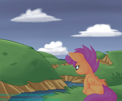 Size: 2400x2000 | Tagged: safe, artist:crombiettw, scootaloo, pegasus, pony, cloud, female, filly, river, sitting, solo, upset