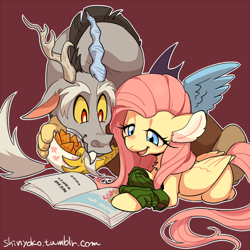 Size: 582x582 | Tagged: safe, artist:shinyoko, discord, fluttershy, pegasus, pony, book, chips, cute, discoshy, doritos, ear fluff, female, food, leg warmers, male, shipping, straight