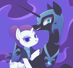 Size: 1200x1111 | Tagged: safe, artist:kkmrarar, nightmare moon, rarity, alicorn, pony, unicorn, the cutie re-mark, alternate timeline, clothes, evil grin, female, grin, lesbian, looking at you, mare, moon, night maid rarity, nightmare takeover timeline, nightrarity, shipping, smiling