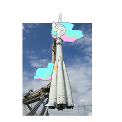 Size: 1280x1280 | Tagged: safe, artist:pencilbrony, princess celestia, alicorn, pony, rocket pony, c:, launch tower, r-7, rocket, rocketia, smiling, solo, spaceship, vostok, wat, wide eyes