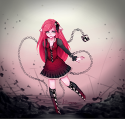 Size: 616x589 | Tagged: safe, artist:liliumena, pinkie pie, anthro, boots, chains, clothes, dress, lock, pinkamena diane pie, skirt, solo