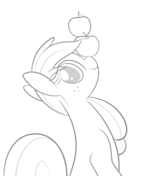 Size: 3136x3314 | Tagged: safe, artist:b-epon, applejack, earth pony, pony, apple, balancing, cute, grayscale, hatless, jackabetes, looking at you, missing accessory, monochrome, ponies balancing stuff on their nose, smiling, solo, that pony sure does love apples