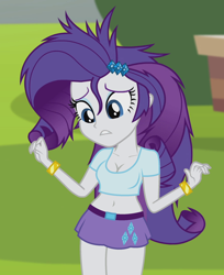 Size: 880x1080 | Tagged: safe, edit, edited screencap, editor:ah96, screencap, rarity, equestria girls, player piano, rainbow rocks, belly button, belt, breast edit, breasts, cleavage, clothes, cropped, female, messy hair, midriff, miniskirt, short shirt, skirt, solo, thighs