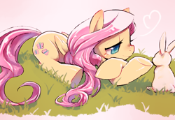 Size: 800x550 | Tagged: safe, artist:kibou, angel bunny, fluttershy, pegasus, pony, rabbit, animal, colored pupils, cute, duo, grass, heart, lidded eyes, pixiv, prone, shyabetes, solo focus, underhoof