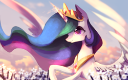 Size: 2560x1600 | Tagged: safe, artist:gianghanz, princess celestia, alicorn, pony, cloud, female, flower, magic, mare, raised hoof, smiling, solo, spread wings, wings