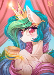 Size: 900x1257 | Tagged: safe, artist:margony, princess celestia, alicorn, pony, beautiful, blushing, colored pupils, cup, female, food, looking at you, magic, mare, solo, tea, teacup, telekinesis