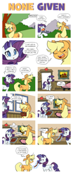 Size: 1253x3000 | Tagged: dead source, safe, artist:inkypsycho, applejack, rarity, earth pony, pony, unicorn, applejack's hat, appletroll, box, briefcase, comic, cowboy hat, dialogue, element of honesty, eye contact, eyes closed, female, hat, look at all the fucks i give, looking at each other, magic, mare, mouth hold, no fucks, open mouth, smiling, speech bubble, telekinesis, tree, vulgar