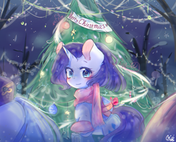 Size: 1501x1213 | Tagged: safe, artist:windymils, rarity, pony, unicorn, blushing, candy, candy cane, christmas, christmas tree, clothes, food, holiday, looking at you, night, ornaments, scarf, snow, solo, tree, winter