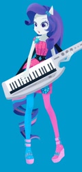 Size: 700x1454 | Tagged: safe, artist:slueqg, rarity, equestria girls, rainbow rocks, blue background, clothes, cute, dress, female, high heels, keytar, musical instrument, open mouth, ponied up, rainbow rocks outfit, raribetes, shoes, simple background, solo, stockings, thigh highs