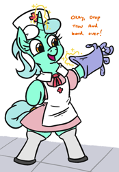 Size: 785x1127 | Tagged: safe, artist:jargon scott, lyra heartstrings, semi-anthro, unicorn, bipedal, clothes, cute, dialogue, female, gloves, imminent prostate exam, implied prostate exam, magic, mare, nurse, nurse outfit, open mouth, rubber gloves, solo, stockings, telekinesis, thigh highs, this will end in pain, this will not end well