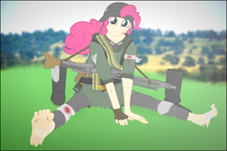 Size: 4500x3010 | Tagged: safe, artist:facelesssoles, pinkie pie, human, bandage, barefoot, blood, boots, feet, gun, humanized, machine gun, mg 42, soldier, solo, weapon