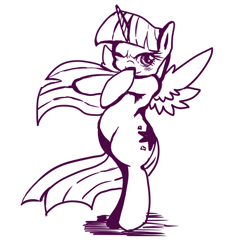 Size: 554x576 | Tagged: safe, artist:doubt, derpibooru import, twilight sparkle, twilight sparkle (alicorn), alicorn, pony, bipedal, female, mare, monochrome, solo, wink