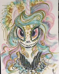 Size: 1080x1350 | Tagged: safe, artist:sararichard, princess celestia, alicorn, pony, dia de los muertos, solo, sugar skull, traditional art