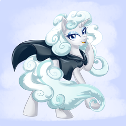 Size: 2000x2000 | Tagged: safe, artist:sapphirescarletta, rarity, pony, unicorn, it isn't the mane thing about you, alternate hairstyle, cape, clothes, cloud mane, digital art, female, high res, lidded eyes, looking at you, looking back, looking back at you, mare, raised hoof, smiling, solo, underhoof