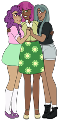 Size: 743x1510 | Tagged: safe, artist:unicorngutz, cheerilee, marble pie, sugar belle, human, belt, blushing, boots, cheeribelle, clothes, commission, dark skin, denim shorts, ear piercing, earring, female, flats, hair over one eye, holding hands, hug, humanized, jewelry, lesbian, marbilee, mary janes, miniskirt, piercing, polyamory, shipping, shirt, shoes, shorts, simple background, skirt, socks, stockings, sugarlee, sugarmarilee, t-shirt, thigh highs, transparent background, vest