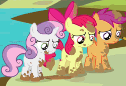 Size: 460x315 | Tagged: safe, screencap, apple bloom, applejack, scootaloo, sweetie belle, earth pony, pony, one bad apple, animated, backwards, cutie mark crusaders, gif, looking down, mud, reversed