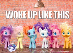 Size: 960x694 | Tagged: safe, derpibooru import, applejack, fluttershy, pinkie pie, rainbow dash, rarity, twilight sparkle, twilight sparkle (alicorn), alicorn, earth pony, pegasus, pony, unicorn, my little pony: pony life, bad hair day, bed mane, caption, facebook, hasbro, image macro, mane six, messy hair, my little pony logo, official, text, toy, woke up like this