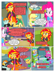 Size: 612x792 | Tagged: safe, artist:greatdinn, artist:newbiespud, edit, edited screencap, screencap, applejack, pinkie pie, snails, snips, sunset shimmer, comic:friendship is dragons, equestria girls, equestria girls (movie), clothes, comic, confetti, confused, crossed arms, cutie mark, cutie mark on clothes, eyes closed, female, freckles, frown, hat, looking back, male, screencap comic, smiling, smirk, unamused, wrapped up
