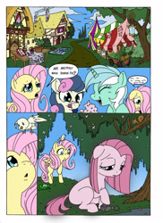 Size: 2544x3504 | Tagged: safe, artist:mohawkrex, artist:whysoseriouss, bon bon, fluttershy, lyra heartstrings, pinkie pie, sweetie drops, bird, earth pony, pegasus, pony, unicorn, comic:a piece of pie, adorabon, comic, cute, cuteamena, female, filly, foal, lyrabetes, mare, pinkamena diane pie, sad