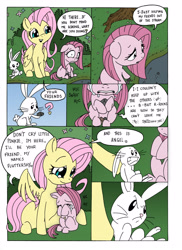 Size: 2544x3504 | Tagged: safe, artist:mohawkrex, artist:whysoseriouss, angel bunny, fluttershy, pinkie pie, earth pony, pegasus, pony, comic:a piece of pie, comforting, comic, crying, female, filly, foal, mare, pinkamena diane pie, rock, sad, sitting