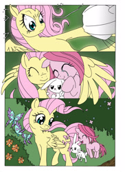 Size: 2544x3504 | Tagged: safe, artist:mohawkrex, artist:whysoseriouss, angel bunny, fluttershy, pinkie pie, butterfly, earth pony, pegasus, pony, comic:a piece of pie, comforting, comic, cute, female, filly, foal, happy, hug, mare, pinkamena diane pie, the stare