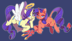 Size: 2110x1228 | Tagged: safe, artist:xenon, rarity, angel, classical unicorn, pony, unicorn, the saddle row review, angel rarity, blue background, blushing, cloven hooves, devil rarity, duo, duo female, ear fluff, female, floating, flying, halo, haylo, hoof hold, leonine tail, looking at you, mare, open mouth, shoulder angel, shoulder devil, simple background, smiling, spread wings, trident, unshorn fetlocks, wallpaper, wings