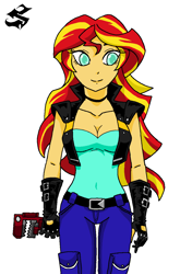 Size: 862x1225 | Tagged: safe, artist:emichaca, sunset shimmer, equestria girls, biker, breasts, cleavage, female, simple background, solo, white background, wrench