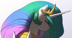 Size: 3109x1662 | Tagged: safe, artist:kevinsano edits, edit, princess celestia, alicorn, pony, cropped, female, jewelry, lidded eyes, looking back, looking over shoulder, mare, regalia, smiling, smirk, solo, wings