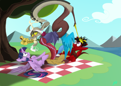 Size: 5800x4108 | Tagged: safe, artist:quynzel, derpibooru import, discord, twilight sparkle, twilight sparkle (alicorn), oc, alicorn, pony, absurd resolution, female, mare, picnic