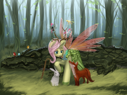 Size: 1024x768 | Tagged: safe, artist:chickhawk96, applejack, fluttershy, pinkie pie, seabreeze, bird, breezie, cragadile, crocodile, fox, rabbit, antlers, applebreezie, breezie pie, breeziefied, clothes, dress, element of kindness, elements of harmony, gala dress, insect wings, open mouth, raised hoof, smiling, species swap