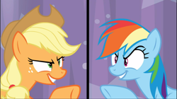 Size: 1672x938 | Tagged: safe, derpibooru import, screencap, applejack, rainbow dash, earth pony, pegasus, pony, a trivial pursuit, applejack's hat, confident, cowboy hat, cropped, duo, female, freckles, grin, hat, mare, pointing, ponytail, raised hoof, rivalry, smiling, stetson, trivia trot