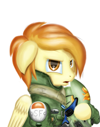 Size: 2300x2900 | Tagged: safe, artist:qbellas, derpibooru import, spitfire, pegasus, pony, bust, clothes, crossover, female, helmet, loose hair, mare, simple background, solo, titanfall, transparent background, uniform