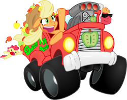 Size: 955x754 | Tagged: safe, artist:sketchy brush, apple bloom, applejack, big macintosh, earth pony, pony, apple, apple siblings, applebuse, deal with it, male, pickup truck, simple background, smiling, stallion, sweet apple acres, transparent background, truck, vector, vector trace