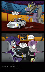 Size: 1000x1609 | Tagged: safe, artist:niban-destikim, rarity, sweetie belle, robot, equestria girls, car, clothes, crossover, female, looking back, monster truck rally, mud, parody, robosaurus, simpsons did it, sisters, the simpsons, this will not end well, truckasaurus, worried