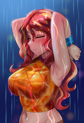 Size: 800x1167 | Tagged: safe, artist:tzc, sunset shimmer, human, better together, equestria girls, let it rain, anime, armpits, beautiful, breasts, clothes, digital art, eyes closed, female, human coloration, humanized, rain, scene interpretation, smiling, solo, sunset jiggler, wet, wet clothes