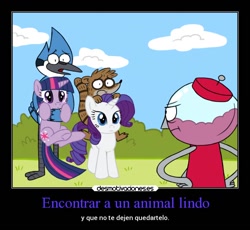 Size: 650x598 | Tagged: safe, artist:cartuneslover16, derpibooru import, rarity, twilight sparkle, pony, unicorn, crossover, mordecai, mordecai and rigby, mordetwi, motivational poster, regular show, ride, rider, riding, rigby, spanish, translated in the comments