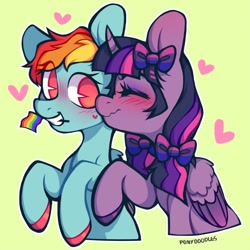 Size: 894x894 | Tagged: safe, artist:onionpwder, derpibooru import, rainbow dash, twilight sparkle, twilight sparkle (alicorn), alicorn, pegasus, pony, alternate hairstyle, bi twi, bisexual pride flag, blushing, bow, cute, dashabetes, eyeshadow, female, gay pride flag, green background, hair bow, heart, hug, kissing, lesbian, makeup, mare, mouth hold, pride, shipping, simple background, twiabetes, twidash, unshorn fetlocks