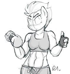 Size: 1280x1350 | Tagged: safe, artist:bluecoffeedog, derpibooru import, spitfire, anthro, pegasus, abs, clothes, female, fingerless gloves, fitfire, gloves, muscles, sketch, solo, sports bra, weight lifting, weights, workout outfit