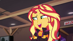 Size: 1920x1080 | Tagged: safe, screencap, sunset shimmer, better together, equestria girls, sunset's backstage pass!, ceiling, clothes, crossed arms, cute, eyebrows, eyelashes, female, jacket, lidded eyes, looking at something, loudspeaker, open mouth, shimmerbetes, smug, smugset shimmer, solo