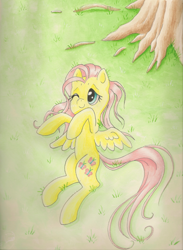 Size: 1024x1399 | Tagged: safe, artist:deadliestvenom, fluttershy, pegasus, pony, grass, high angle, looking away, lying down, on back, one eye closed, smiling, solo, spread out hair, spread wings, stray strand, traditional art, under the tree, wings